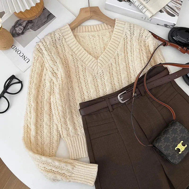 2026 New Autumn Winter Loose Casual Knitwear V-neck Long Sleeve Knitted Sweaters Twist Hollow Out Crochet Short Pullover Tops luxecrown.co.uk