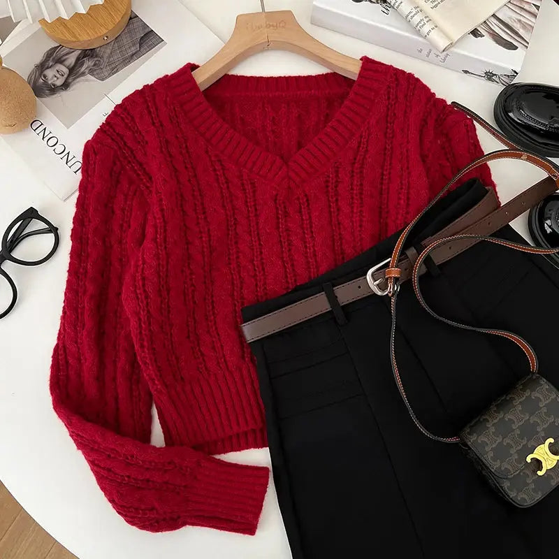 2026 New Autumn Winter Loose Casual Knitwear V-neck Long Sleeve Knitted Sweaters Twist Hollow Out Crochet Short Pullover Tops luxecrown.co.uk