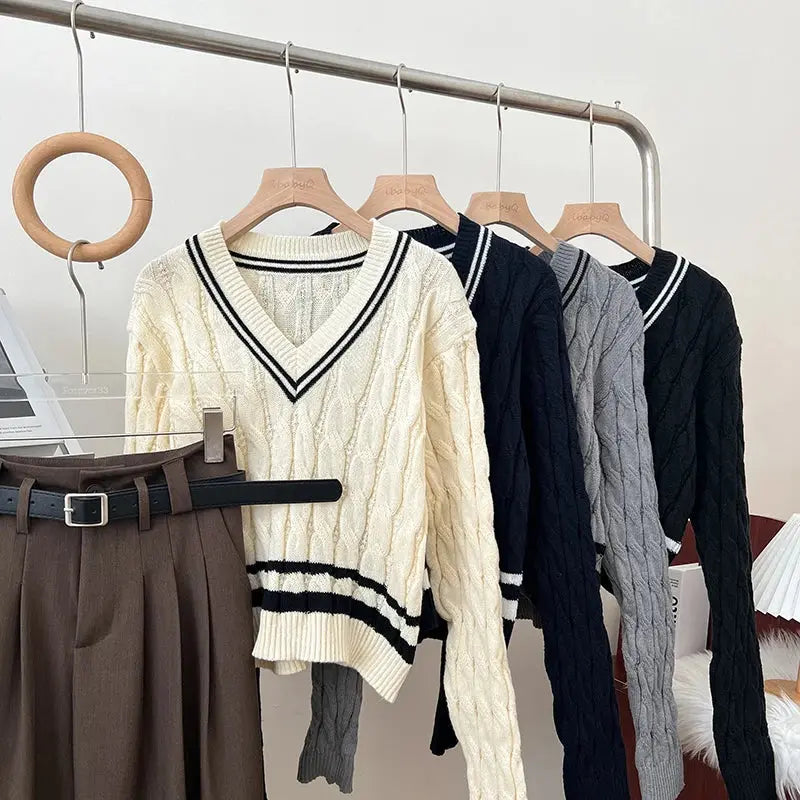2026 New Autumn Winter Preppy Style Knitwear V-neck Long Sleeve Knitted Sweaters Twist Hit Color Striped Short Pullover Tops luxecrown.co.uk