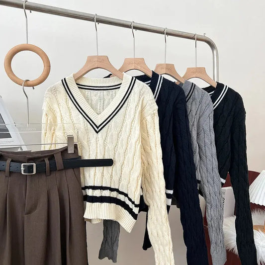 2026 New Autumn Winter Preppy Style Knitwear V-neck Long Sleeve Knitted Sweaters Twist Hit Color Striped Short Pullover Tops luxecrown.co.uk