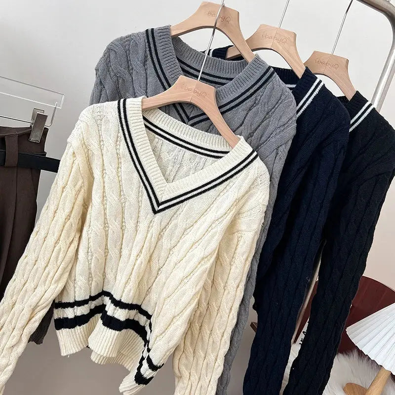 2026 New Autumn Winter Preppy Style Knitwear V-neck Long Sleeve Knitted Sweaters Twist Hit Color Striped Short Pullover Tops luxecrown.co.uk