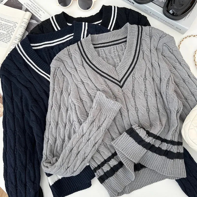 2026 New Autumn Winter Preppy Style Knitwear V-neck Long Sleeve Knitted Sweaters Twist Hit Color Striped Short Pullover Tops luxecrown.co.uk