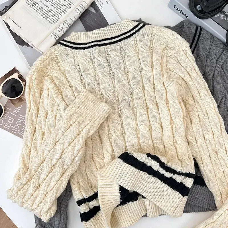 2026 New Autumn Winter Preppy Style Knitwear V-neck Long Sleeve Knitted Sweaters Twist Hit Color Striped Short Pullover Tops luxecrown.co.uk