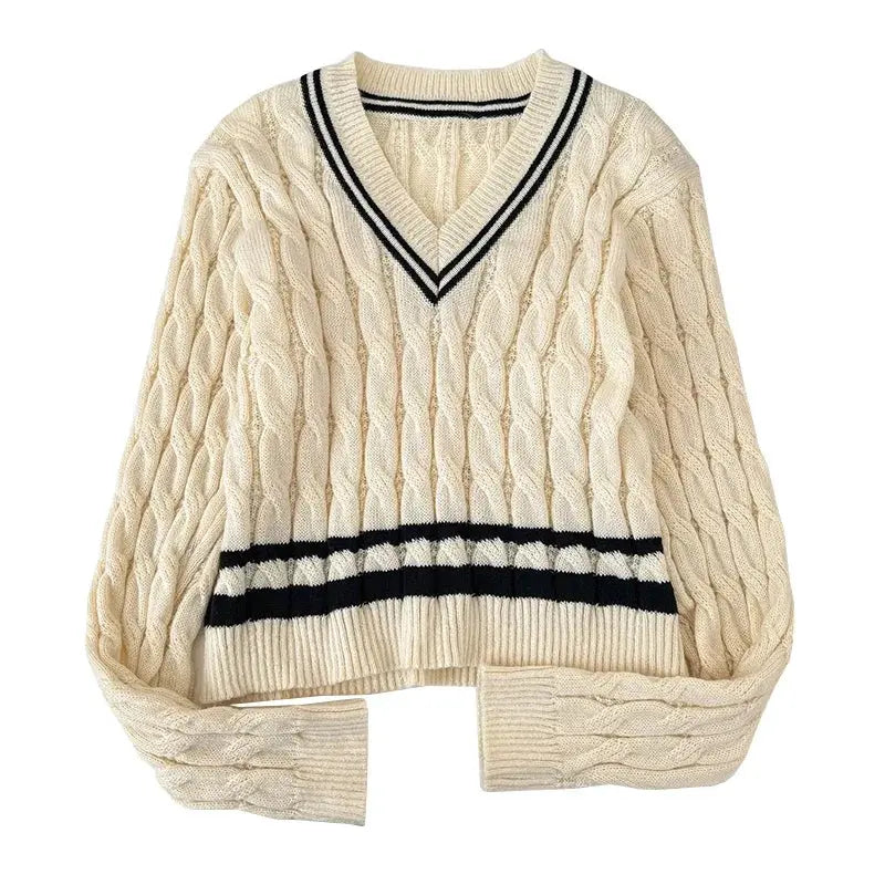 2026 New Autumn Winter Preppy Style Knitwear V-neck Long Sleeve Knitted Sweaters Twist Hit Color Striped Short Pullover Tops luxecrown.co.uk