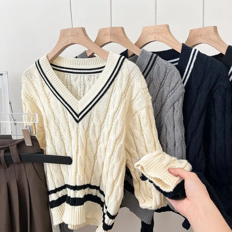 2026 New Autumn Winter Preppy Style Knitwear V-neck Long Sleeve Knitted Sweaters Twist Hit Color Striped Short Pullover Tops luxecrown.co.uk