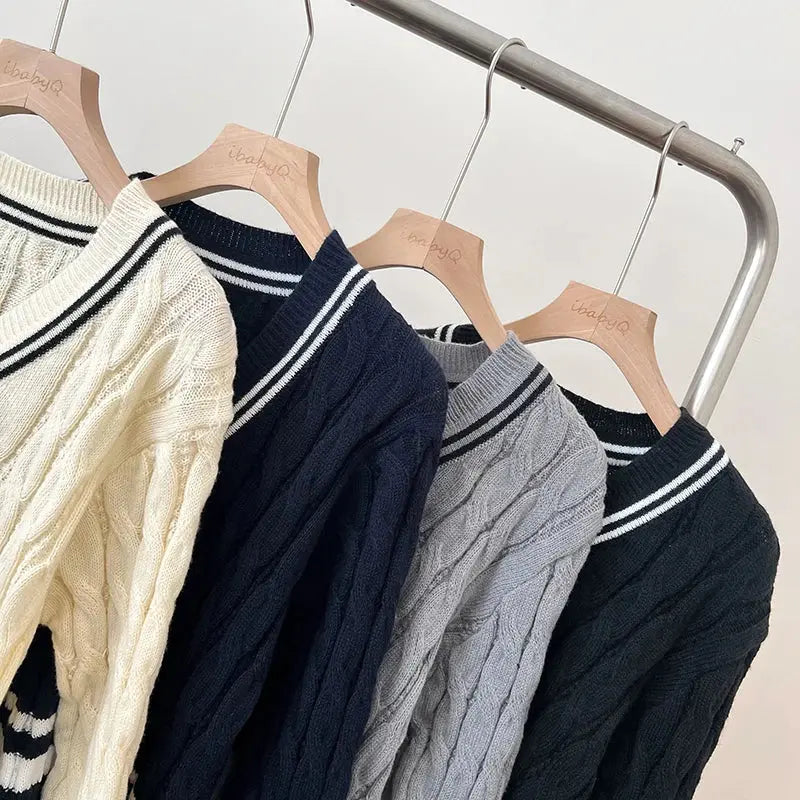 2026 New Autumn Winter Preppy Style Knitwear V-neck Long Sleeve Knitted Sweaters Twist Hit Color Striped Short Pullover Tops luxecrown.co.uk