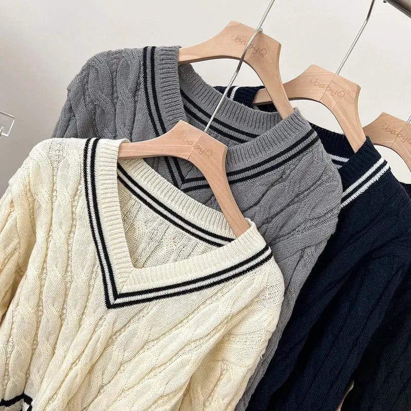 2026 New Autumn Winter Preppy Style Knitwear V-neck Long Sleeve Knitted Sweaters Twist Hit Color Striped Short Pullover Tops luxecrown.co.uk