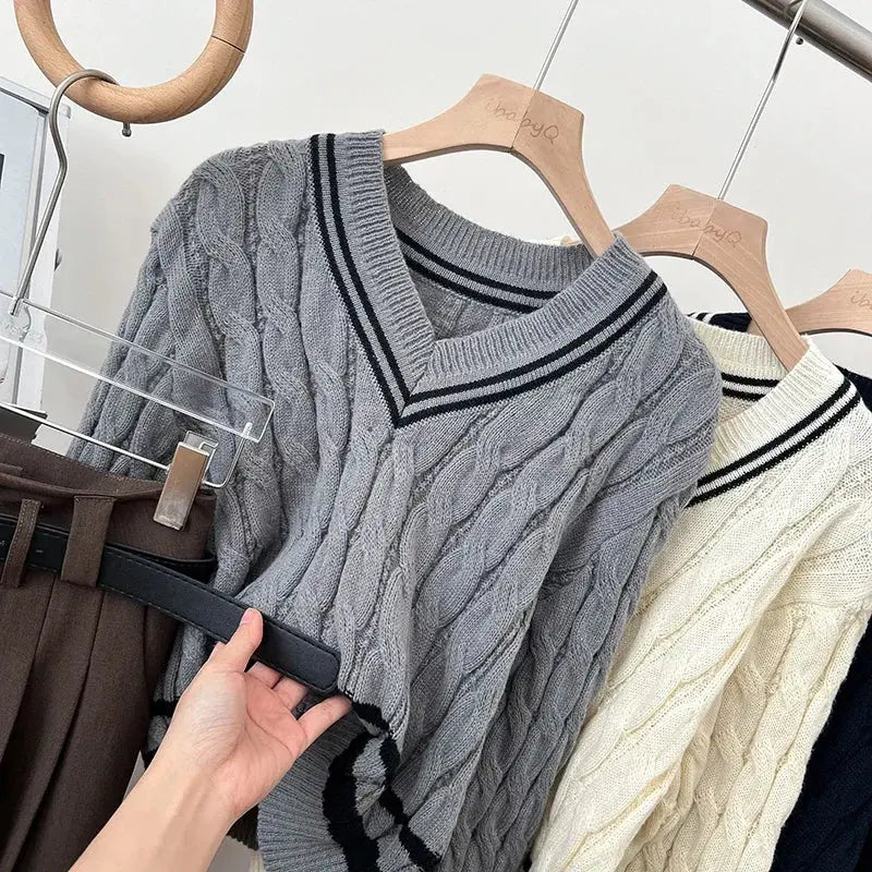 2026 New Autumn Winter Preppy Style Knitwear V-neck Long Sleeve Knitted Sweaters Twist Hit Color Striped Short Pullover Tops luxecrown.co.uk