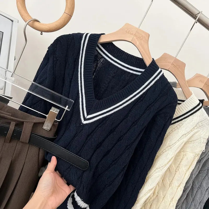 2026 New Autumn Winter Preppy Style Knitwear V-neck Long Sleeve Knitted Sweaters Twist Hit Color Striped Short Pullover Tops luxecrown.co.uk