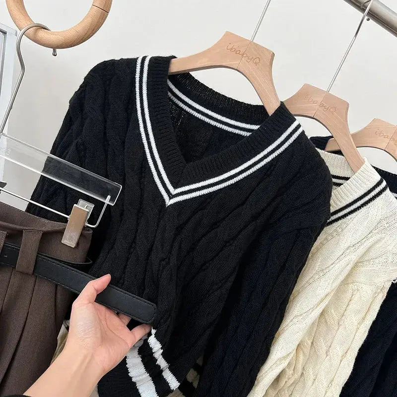 2026 New Autumn Winter Preppy Style Knitwear V-neck Long Sleeve Knitted Sweaters Twist Hit Color Striped Short Pullover Tops luxecrown.co.uk