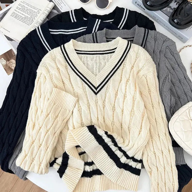 2026 New Autumn Winter Preppy Style Knitwear V-neck Long Sleeve Knitted Sweaters Twist Hit Color Striped Short Pullover Tops luxecrown.co.uk