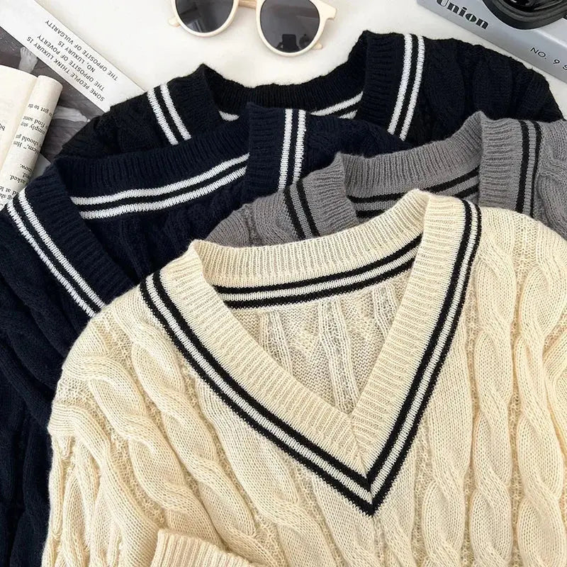 2026 New Autumn Winter Preppy Style Knitwear V-neck Long Sleeve Knitted Sweaters Twist Hit Color Striped Short Pullover Tops luxecrown.co.uk