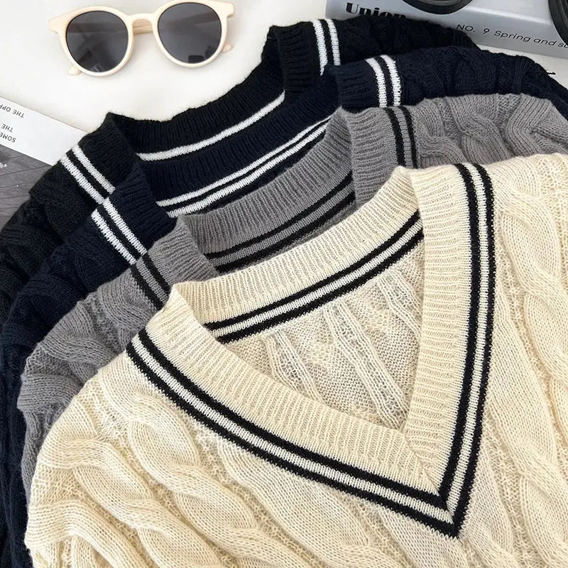 2026 New Autumn Winter Preppy Style Knitwear V-neck Long Sleeve Knitted Sweaters Twist Hit Color Striped Short Pullover Tops luxecrown.co.uk