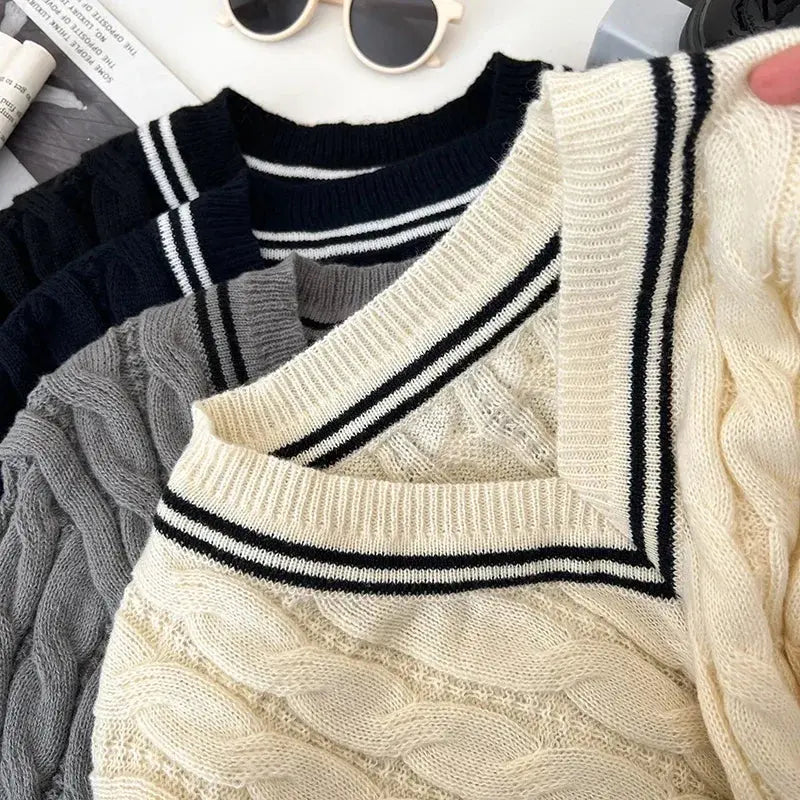 2026 New Autumn Winter Preppy Style Knitwear V-neck Long Sleeve Knitted Sweaters Twist Hit Color Striped Short Pullover Tops luxecrown.co.uk