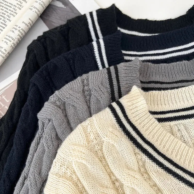 2026 New Autumn Winter Preppy Style Knitwear V-neck Long Sleeve Knitted Sweaters Twist Hit Color Striped Short Pullover Tops luxecrown.co.uk