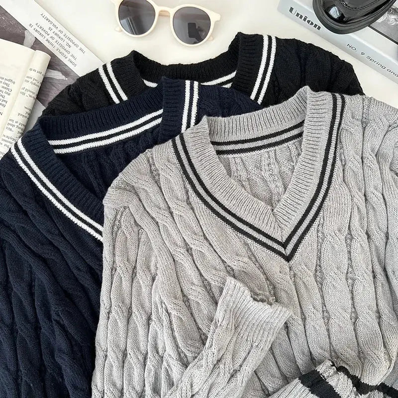2026 New Autumn Winter Preppy Style Knitwear V-neck Long Sleeve Knitted Sweaters Twist Hit Color Striped Short Pullover Tops luxecrown.co.uk