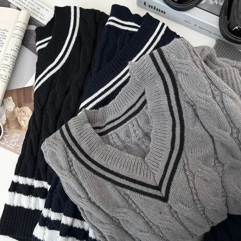 2026 New Autumn Winter Preppy Style Knitwear V-neck Long Sleeve Knitted Sweaters Twist Hit Color Striped Short Pullover Tops luxecrown.co.uk