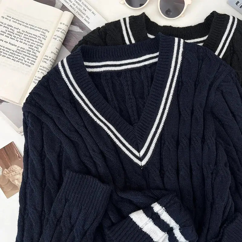 2026 New Autumn Winter Preppy Style Knitwear V-neck Long Sleeve Knitted Sweaters Twist Hit Color Striped Short Pullover Tops luxecrown.co.uk