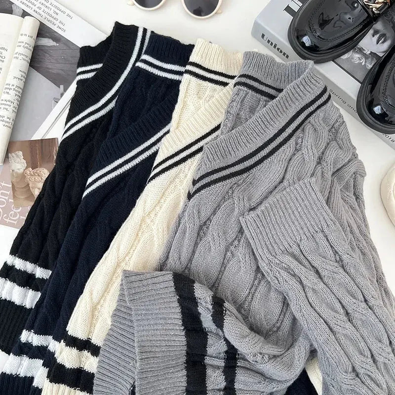 2026 New Autumn Winter Preppy Style Knitwear V-neck Long Sleeve Knitted Sweaters Twist Hit Color Striped Short Pullover Tops luxecrown.co.uk