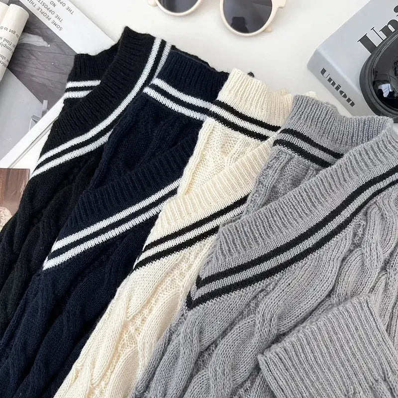 2026 New Autumn Winter Preppy Style Knitwear V-neck Long Sleeve Knitted Sweaters Twist Hit Color Striped Short Pullover Tops luxecrown.co.uk