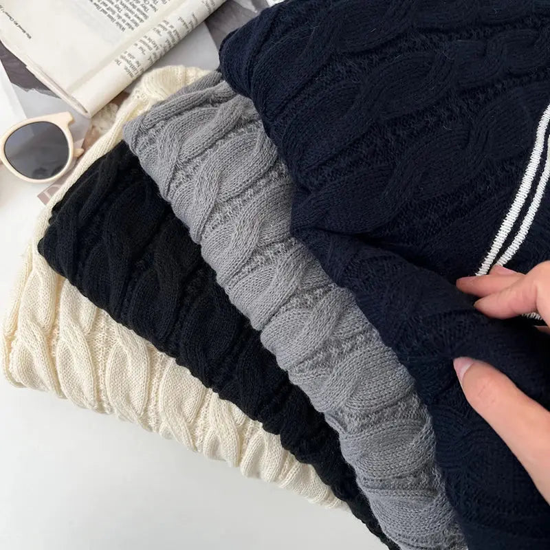 2026 New Autumn Winter Preppy Style Knitwear V-neck Long Sleeve Knitted Sweaters Twist Hit Color Striped Short Pullover Tops luxecrown.co.uk