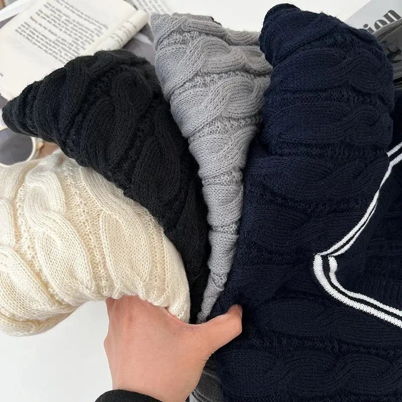 2026 New Autumn Winter Preppy Style Knitwear V-neck Long Sleeve Knitted Sweaters Twist Hit Color Striped Short Pullover Tops luxecrown.co.uk