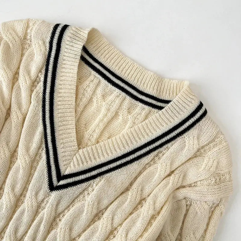2026 New Autumn Winter Preppy Style Knitwear V-neck Long Sleeve Knitted Sweaters Twist Hit Color Striped Short Pullover Tops luxecrown.co.uk