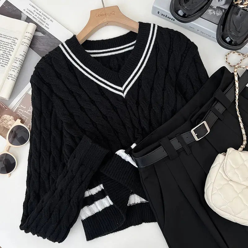 2026 New Autumn Winter Preppy Style Knitwear V-neck Long Sleeve Knitted Sweaters Twist Hit Color Striped Short Pullover Tops luxecrown.co.uk
