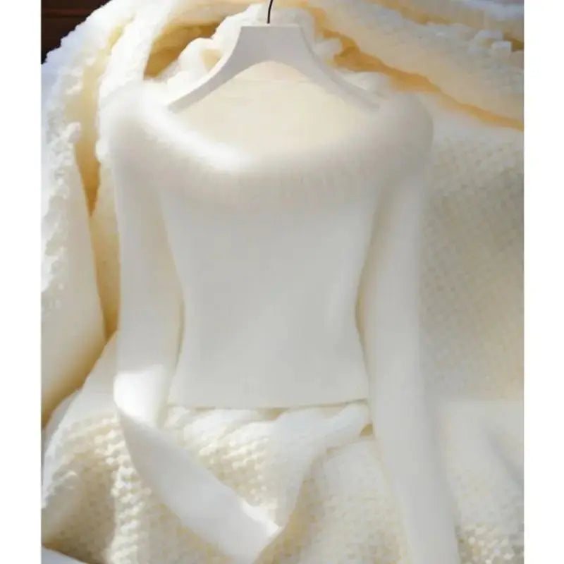 2026 New Autumn Winter Women Long Fur Collar Sleeve Knitted Sweaters Elastic Slim Solid Multi Color Short Pullover Tops luxecrown.co.uk