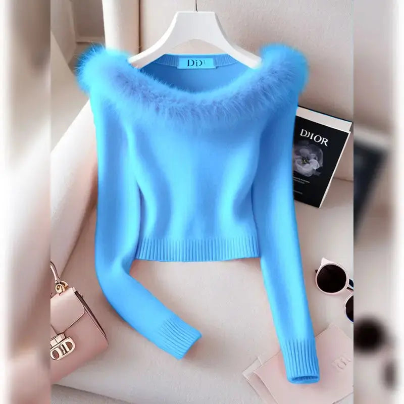 2026 New Autumn Winter Women Long Fur Collar Sleeve Knitted Sweaters Elastic Slim Solid Multi Color Short Pullover Tops luxecrown.co.uk