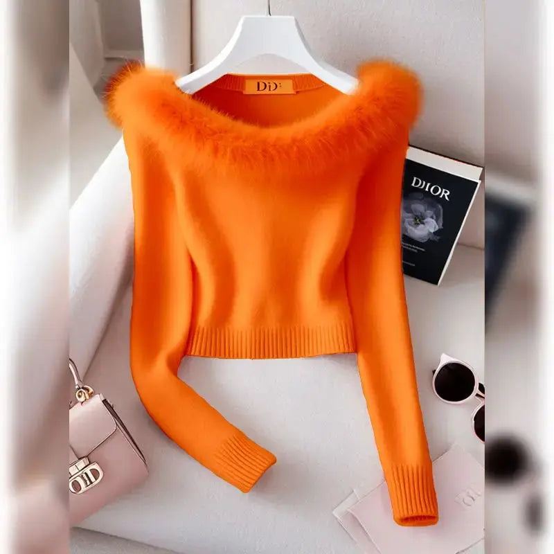2026 New Autumn Winter Women Long Fur Collar Sleeve Knitted Sweaters Elastic Slim Solid Multi Color Short Pullover Tops luxecrown.co.uk