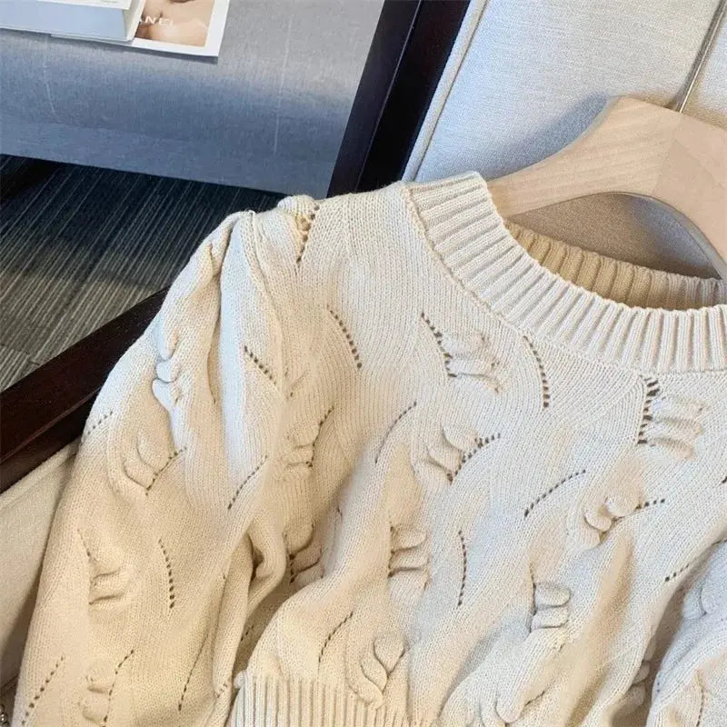 2026 New Autumn Winter Women O-neck Long Sleeve Knitted Sweaters Hollow Out Knitwear Crochet Solid Color Short Pullover Tops luxecrown.co.uk