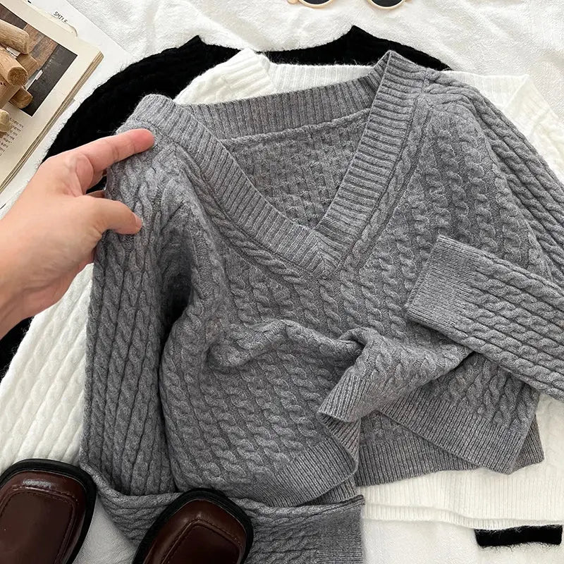 2026 New Autumn Winter Women V-neck Long Sleeve Knitted Sweaters Twist Striped Loose Solid Color Short Pullover Tops luxecrown.co.uk