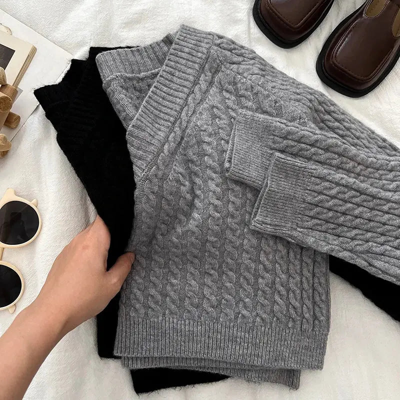 2026 New Autumn Winter Women V-neck Long Sleeve Knitted Sweaters Twist Striped Loose Solid Color Short Pullover Tops luxecrown.co.uk