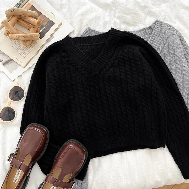 2026 New Autumn Winter Women V-neck Long Sleeve Knitted Sweaters Twist Striped Loose Solid Color Short Pullover Tops luxecrown.co.uk