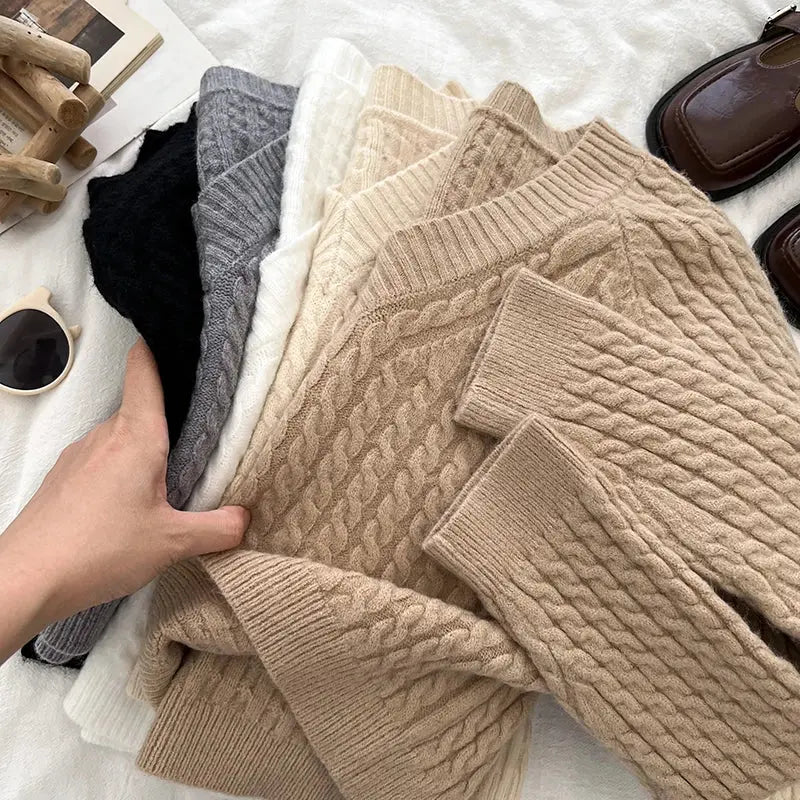 2026 New Autumn Winter Women V-neck Long Sleeve Knitted Sweaters Twist Striped Loose Solid Color Short Pullover Tops luxecrown.co.uk