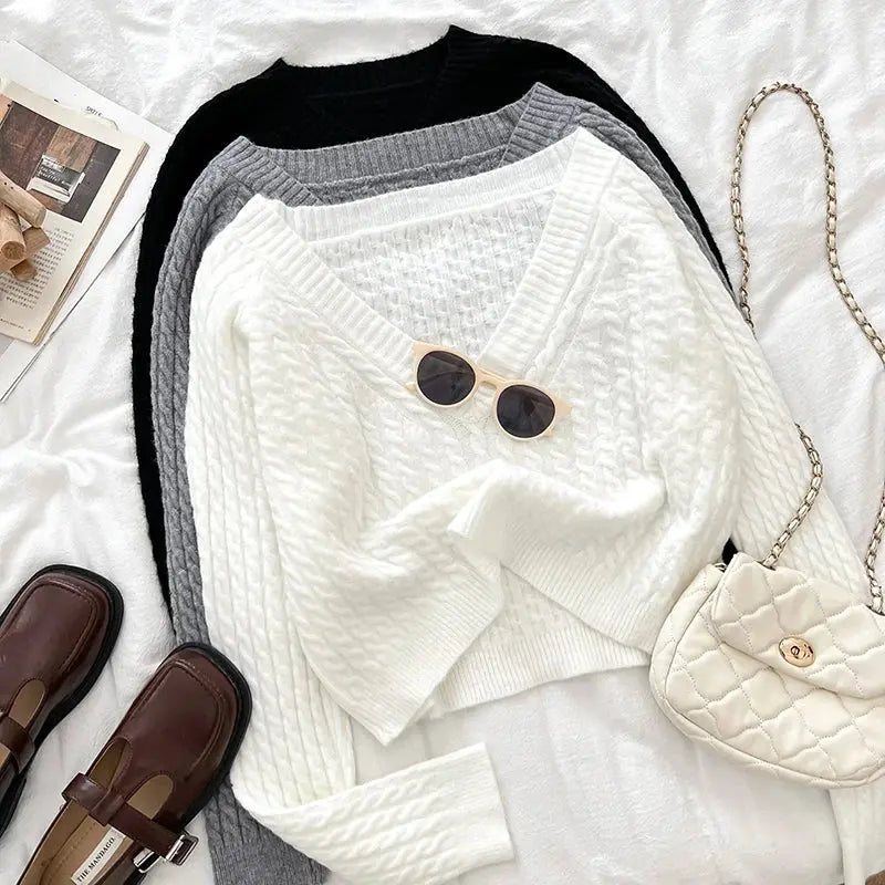 2026 New Autumn Winter Women V-neck Long Sleeve Knitted Sweaters Twist Striped Loose Solid Color Short Pullover Tops luxecrown.co.uk