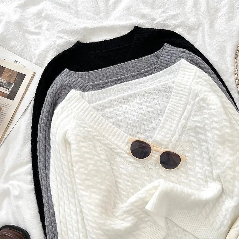 2026 New Autumn Winter Women V-neck Long Sleeve Knitted Sweaters Twist Striped Loose Solid Color Short Pullover Tops luxecrown.co.uk