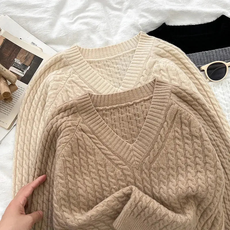 2026 New Autumn Winter Women V-neck Long Sleeve Knitted Sweaters Twist Striped Loose Solid Color Short Pullover Tops luxecrown.co.uk
