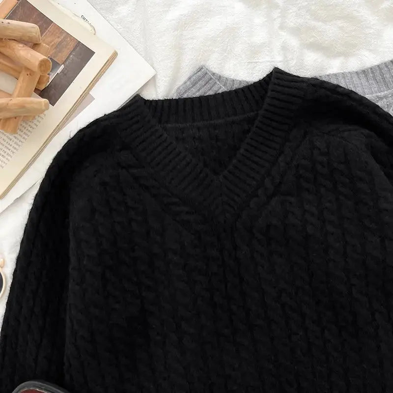 2026 New Autumn Winter Women V-neck Long Sleeve Knitted Sweaters Twist Striped Loose Solid Color Short Pullover Tops luxecrown.co.uk