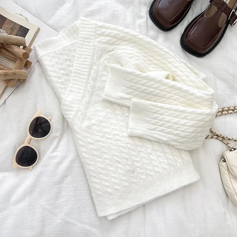2026 New Autumn Winter Women V-neck Long Sleeve Knitted Sweaters Twist Striped Loose Solid Color Short Pullover Tops luxecrown.co.uk