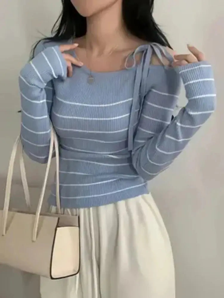 2026 New Women's Elegant Off-Shoulder Sweater T-Shirt Black White Striped with Adjustable Lace-Up Fall Winter Casual Chic Top luxecrown.co.uk