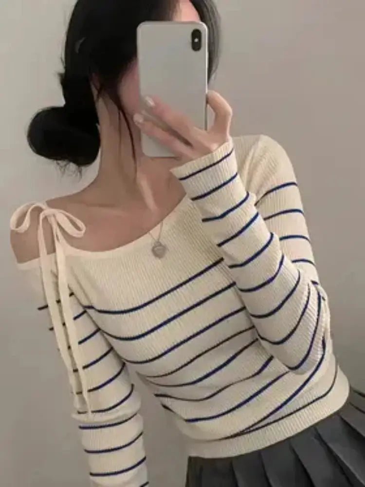 2026 New Women's Elegant Off-Shoulder Sweater T-Shirt Black White Striped with Adjustable Lace-Up Fall Winter Casual Chic Top luxecrown.co.uk