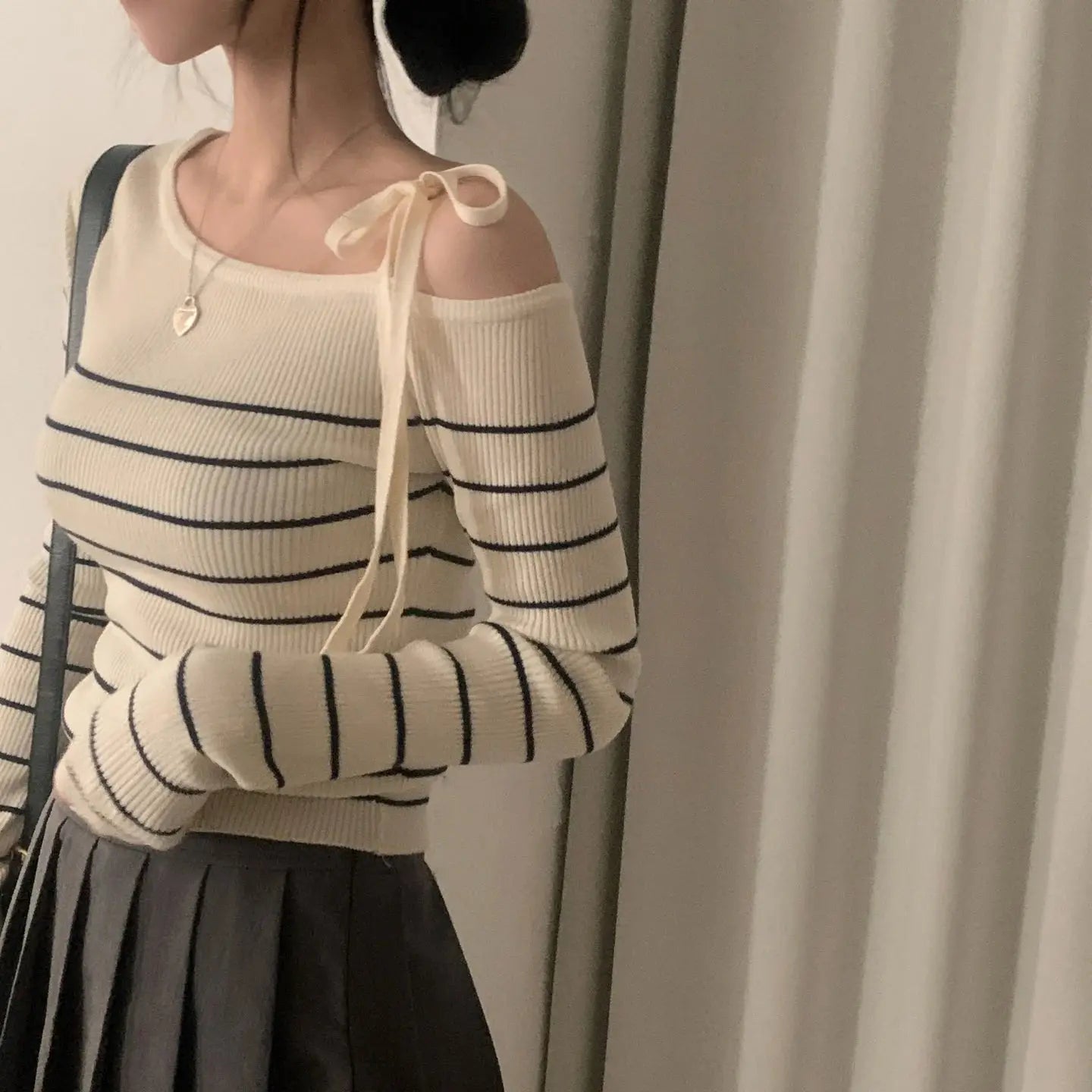 2026 New Women's Elegant Off-Shoulder Sweater T-Shirt Black White Striped with Adjustable Lace-Up Fall Winter Casual Chic Top luxecrown.co.uk