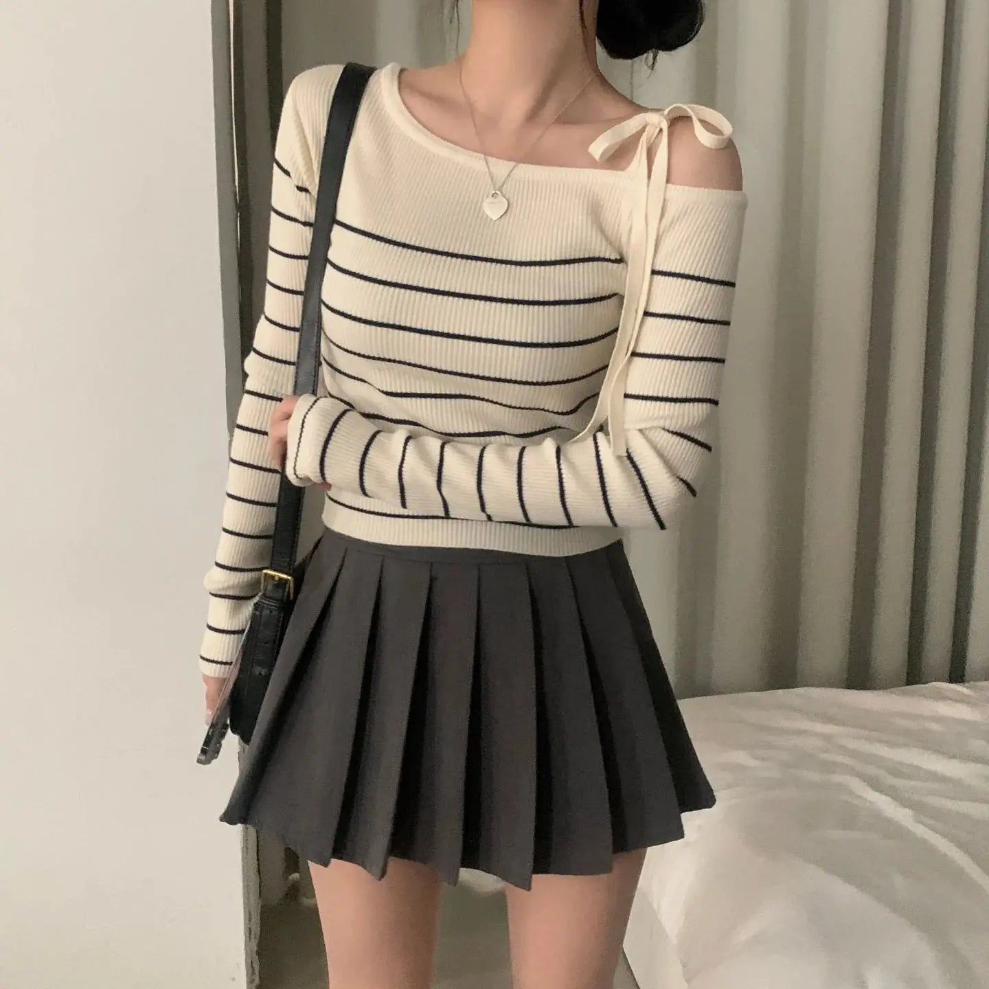 2026 New Women's Elegant Off-Shoulder Sweater T-Shirt Black White Striped with Adjustable Lace-Up Fall Winter Casual Chic Top luxecrown.co.uk