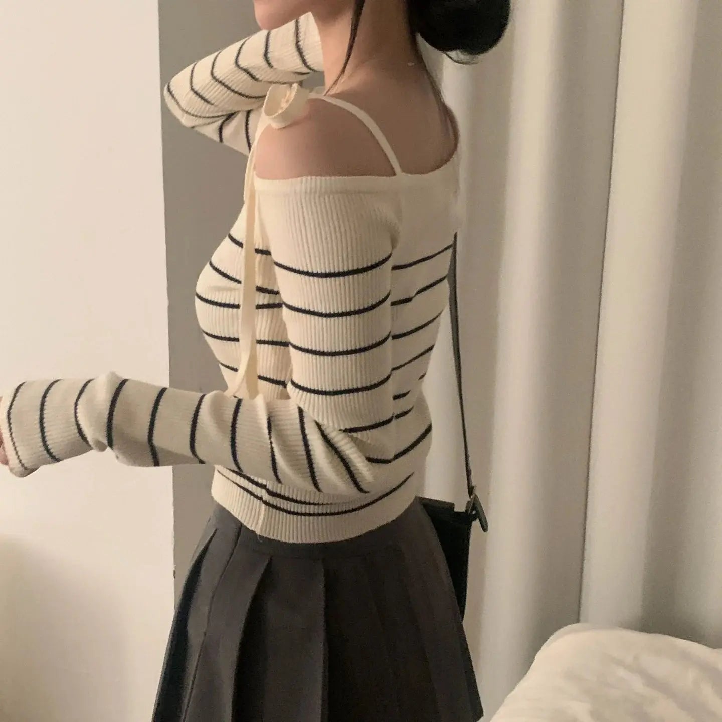 2026 New Women's Elegant Off-Shoulder Sweater T-Shirt Black White Striped with Adjustable Lace-Up Fall Winter Casual Chic Top luxecrown.co.uk