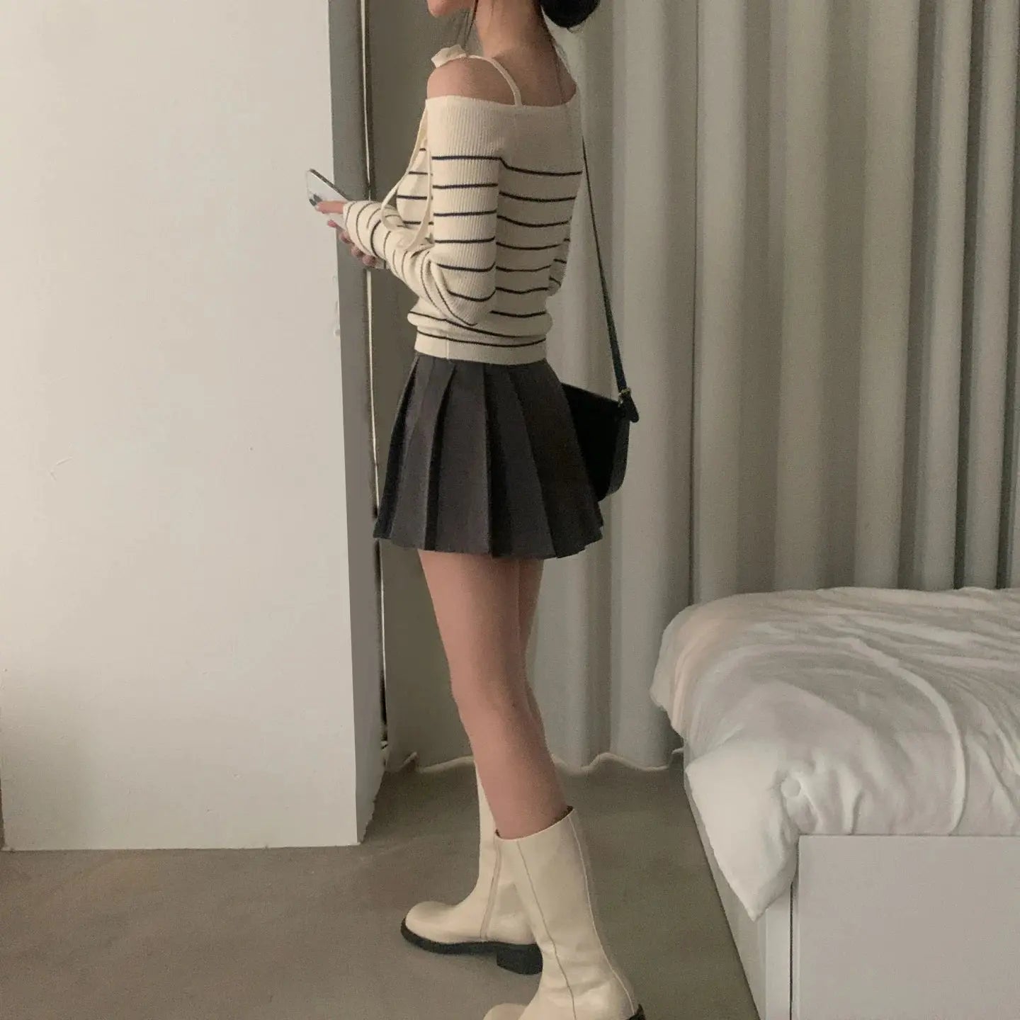 2026 New Women's Elegant Off-Shoulder Sweater T-Shirt Black White Striped with Adjustable Lace-Up Fall Winter Casual Chic Top luxecrown.co.uk