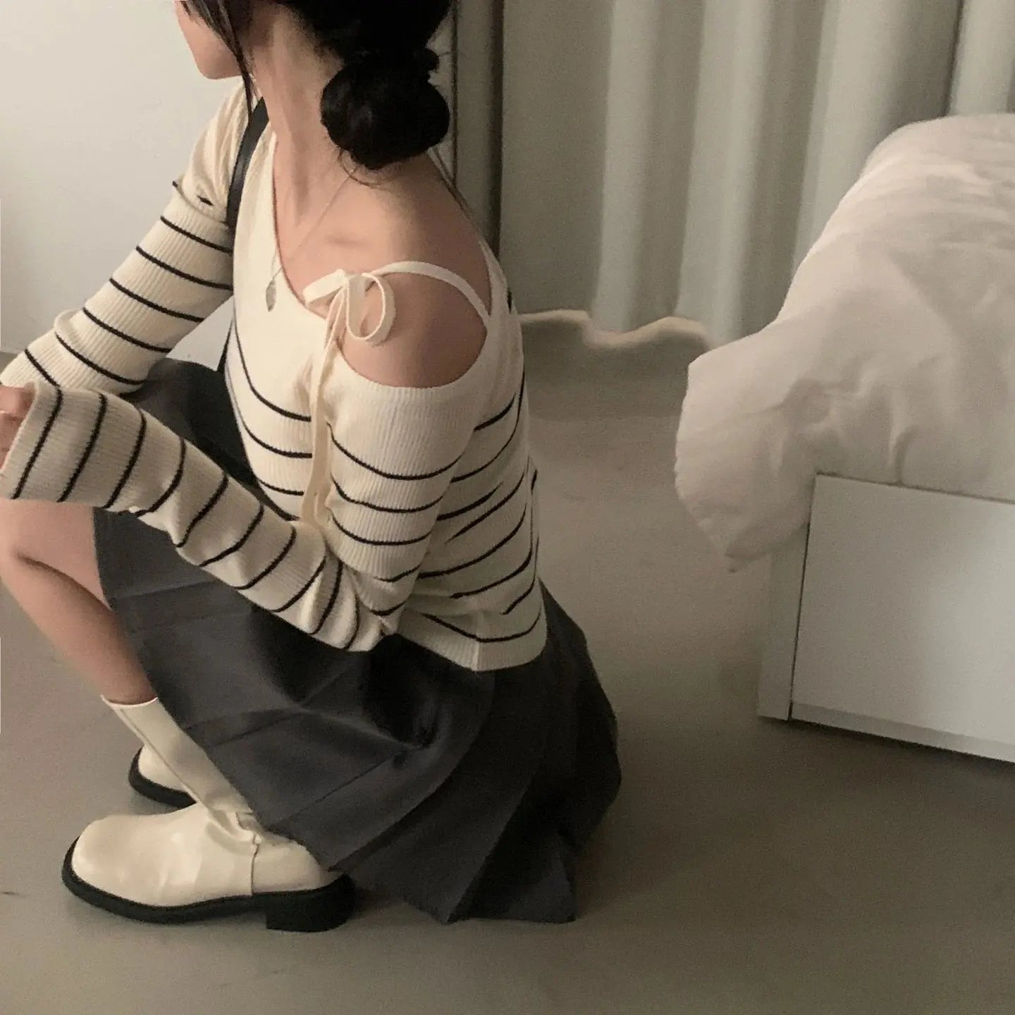 2026 New Women's Elegant Off-Shoulder Sweater T-Shirt Black White Striped with Adjustable Lace-Up Fall Winter Casual Chic Top luxecrown.co.uk