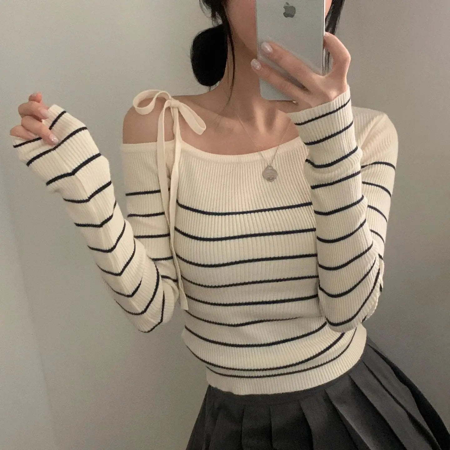 2026 New Women's Elegant Off-Shoulder Sweater T-Shirt Black White Striped with Adjustable Lace-Up Fall Winter Casual Chic Top luxecrown.co.uk