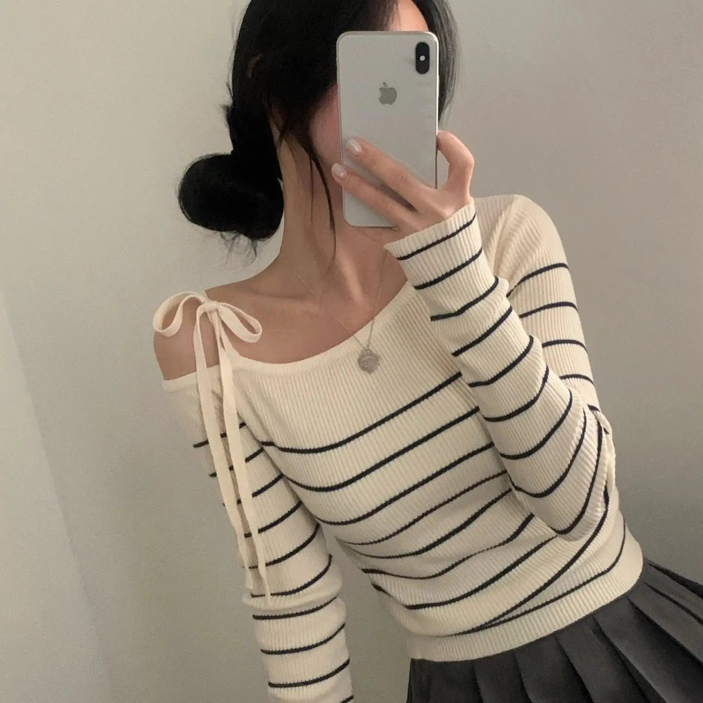 2026 New Women's Elegant Off-Shoulder Sweater T-Shirt Black White Striped with Adjustable Lace-Up Fall Winter Casual Chic Top luxecrown.co.uk